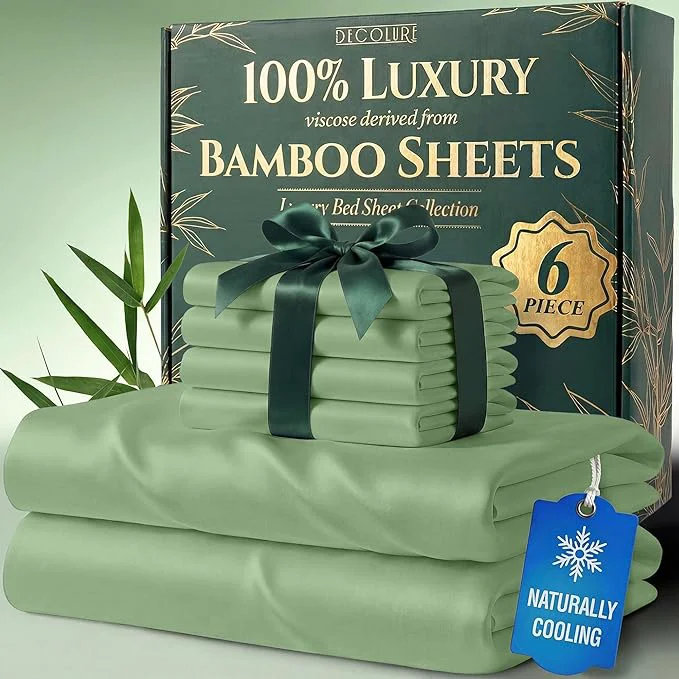 Sustainable DECOLURE Viscose Derived from Bamboo Sheets Queen Size – Luxury 6 Pc Naturally Cooling Sheets Ultra Soft Bed Set – Deep 17 quot Pockets Durable Double Stitching Oeko Tex Standard Sage Green Traditional