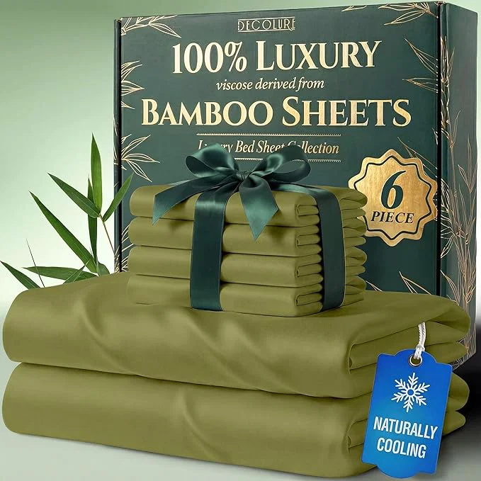 Practical DECOLURE Viscose Derived from Bamboo Sheets Queen Size – Luxury 6 Pc Naturally Cooling Sheets Ultra Soft Bed Set – Deep 17 quot Pockets Durable Double Stitching Oeko Tex Standard Light Olive Relaxed