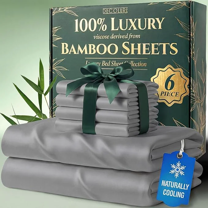 Fashionable DECOLURE Viscose Derived from Bamboo Sheets Full Size – Luxury 6 Pc Naturally Cooling Sheets Ultra Soft Bed Set – Deep 17 quot Pockets Durable Double Stitching Oeko Tex Standard Light Grey Powerful