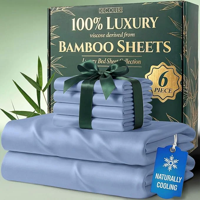 Environmentally Friendly DECOLURE Viscose Derived from Bamboo Sheets King Size – Luxury 6 Pc Naturally Cooling Sheets Ultra Soft Bed Set – Deep 17 quot Pockets Durable Double Stitching Oeko Tex Standard Light Blue Smart