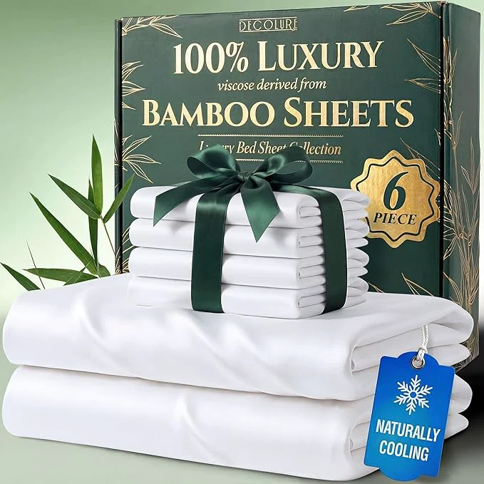 Healthy DECOLURE Viscose Derived from Bamboo Sheets Queen Size – Luxury 6 Pc Naturally Cooling Sheets Ultra Soft Bed Set – Deep 17 quot Pockets Durable Double Stitching Oeko Tex Standard White Environmentally Friendly