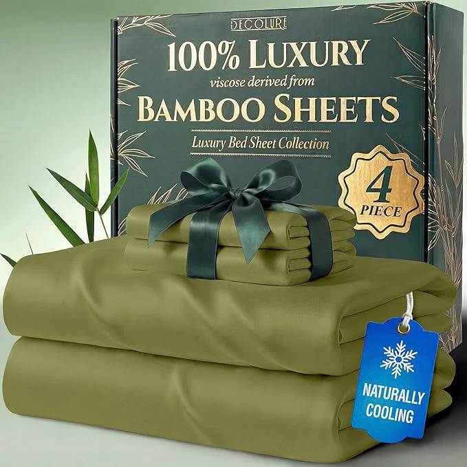 Organic DECOLURE Viscose Derived from Bamboo Sheets Twin Size – Luxury 4 Pc Naturally Cooling Sheets Ultra Soft Bed Set – Deep 17 quot Pockets Durable Double Stitching Oeko Tex Standard Light Olive Excellent