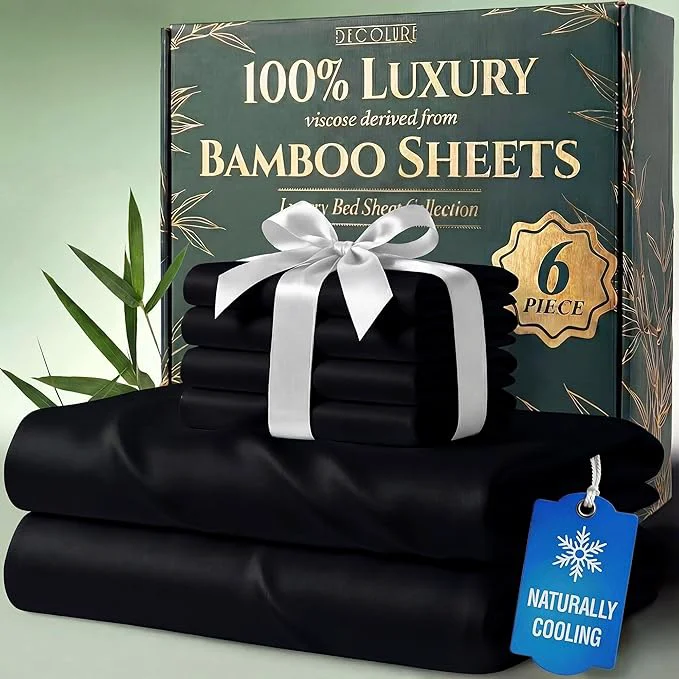 Sophisticated DECOLURE Viscose Derived from Bamboo Sheets Full Size – Luxury 6 Pc Naturally Cooling Sheets Ultra Soft Bed Set – Deep 17 quot Pockets Durable Double Stitching Oeko Tex Standard Black Easy-to-Use