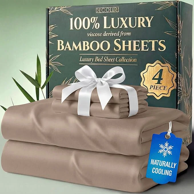Specialty DECOLURE Viscose Derived from Bamboo Sheets Twin Size – Luxury 4 Pc Naturally Cooling Sheets Ultra Soft Bed Set – Deep 17 quot Pockets Durable Double Stitching Oeko Tex Standard Taupe Fast