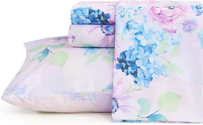 World-Class JSD Purple Hydrangea Floral Sheet Set Full Size 4 Piece Printed Microfiber Bed Sheets Deep Pocket Traditional