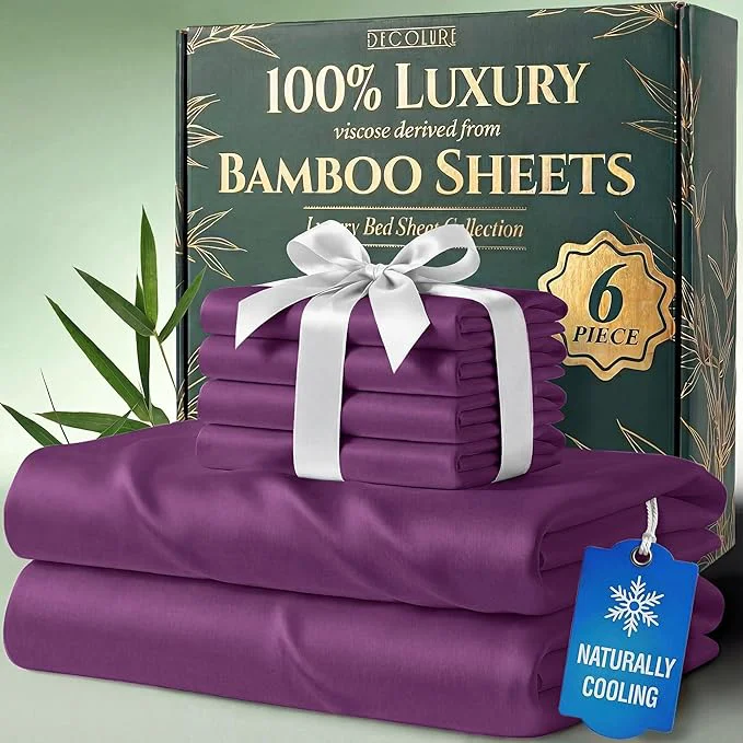 Smart DECOLURE Viscose Derived from Bamboo Sheets King Size – Luxury 6 Pc Naturally Cooling Sheets Ultra Soft Bed Set – Deep 17 quot Pockets Durable Double Stitching Oeko Tex Standard Purple Long-Lasting