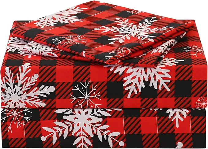 Powerful JSD Red Buffalo Plaid Snowflakes Sheet Set Full Size 4 Piece Christmas Winter Microfiber Bedding Sheets Extra Deep Pocket Efficient