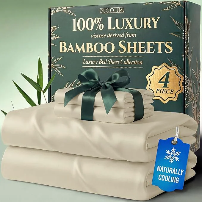 Contemporary DECOLURE Viscose Derived from Bamboo Sheets Twin Size – Luxury 4 Pc Naturally Cooling Sheets Ultra Soft Bed Set – Deep 17 quot Pockets Durable Double Stitching Oeko Tex Standard Creme Fine Crafted