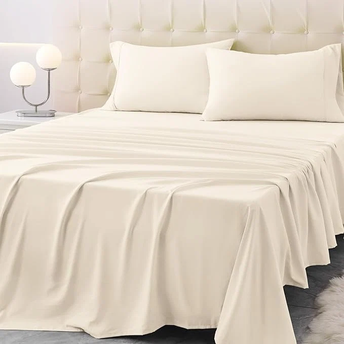 High-End California King Size Bed Sheet Set – 4 Piece Soft Microfiber Sheets with Deep Pockets Cooling Technology and Wrinkle- Pillowcase. Hotel-Quality Durable Bedding Cream