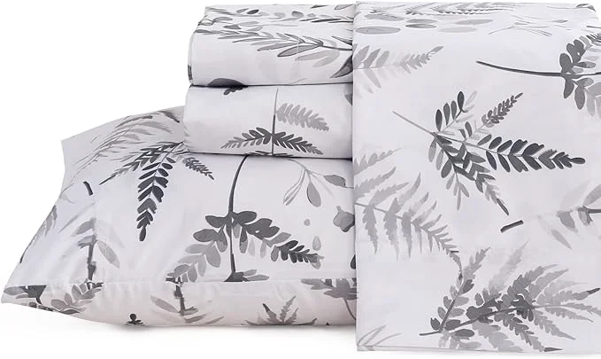 Genuine JSD Boho Floral Sheet Set Cal King 4 Piece Grey Herbs Ferns Printed Microfiber Bed Sheets Deep Pocket Long-Lasting