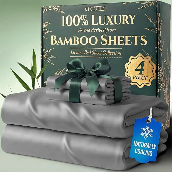 Minimalist DECOLURE Viscose Derived from Bamboo Sheets Twin Size – Luxury 4 Pc Naturally Cooling Sheets Ultra Soft Bed Set – Deep 17 quot Pockets Durable Double Stitching Oeko Tex Standard Light Grey User-Friendly