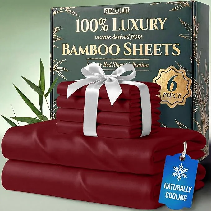 Optimized DECOLURE Viscose Derived from Bamboo Sheets Full Size – Luxury 6 Pc Naturally Cooling Sheets Ultra Soft Bed Set – Deep 17 quot Pockets Durable Double Stitching Oeko Tex Standard Burgundy Lightweight