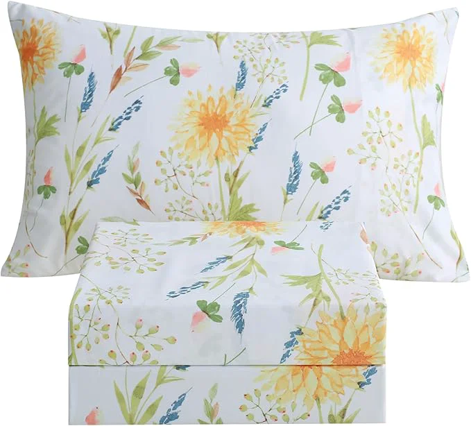 Pure JSD Yellow Floral Printed Sheet Set Twin Size 3 Piece Soft Botanical Microfiber Bedding Sheets Extra Deep Pocket Enhanced
