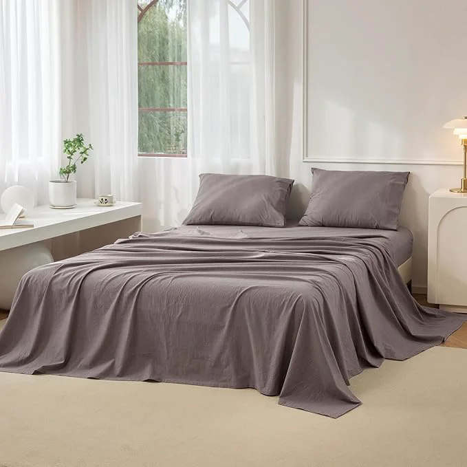 Clean JIYUAN King Size Sheet Set 4-Piece – Washed Cotton Linen-Like Soft amp Breathable Includes Deep Pocket Fitted amp Flat Sheet with 2 Pillowcases Hotel Quality Heathered Mauve Brown Durable