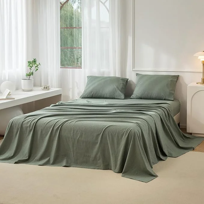 Smooth JIYUAN Twin Size Sheet Set 3-Piece – Washed Cotton Linen-Like Soft amp Breathable Includes Deep Pocket Fitted amp Flat Sheet with 1 Pillowcases Hotel Quality Heathered Green Innovative