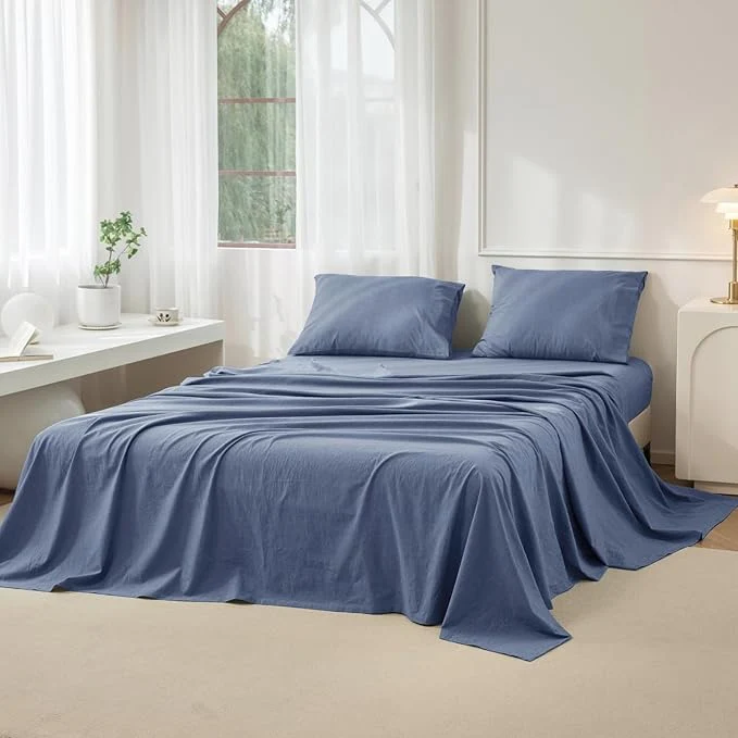 Versatile JIYUAN California King Size Sheet Set 4-Piece – Washed Cotton Linen-Like Soft amp Breathable Includes Deep Pocket Fitted amp Flat Sheet with 2 Pillowcases Hotel Quality Heathered Blue Lightweight