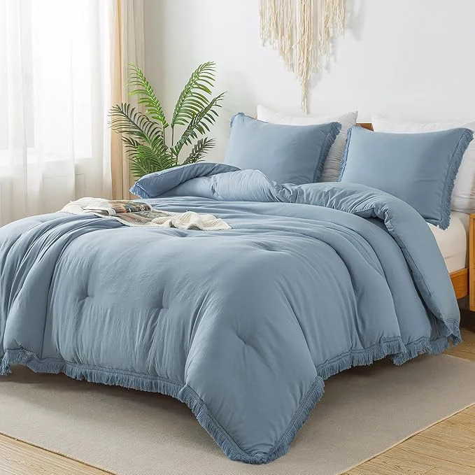 Stylish Andency Grayish Blue Comforter Set Queen Size 3 Pieces Boho Tassel Lightweight Exclusive