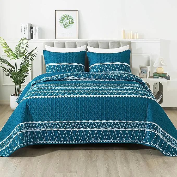 Premium Andency Teal California King Quilt Set 3 Pieces Boho Lightweight Soft Striped Natural