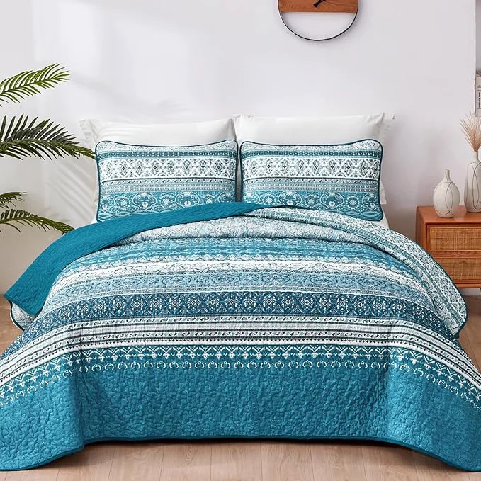 User-Friendly WONGS BEDDING Boho Queen Quilt Set Teal and Blue Bohemian Quilt Bedding Set Selected