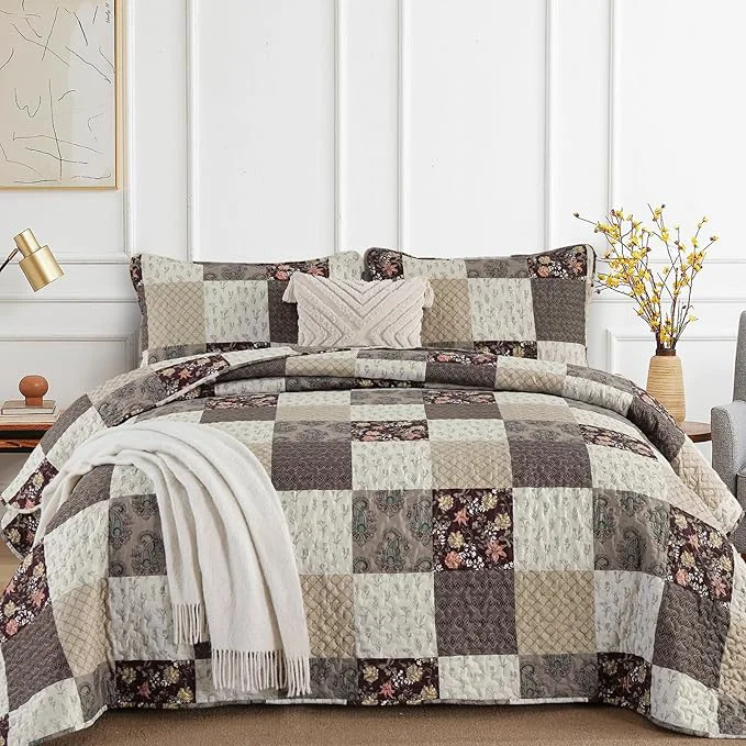 Flexible Xruibed Floral Plaid Patchwork Fall Quilt Set Queen Size 3 Pieces Taupe Beige Smart