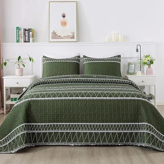 Specialty Andency Green California King Quilt Set 3 Pieces Boho Lightweight Soft Striped Powerful