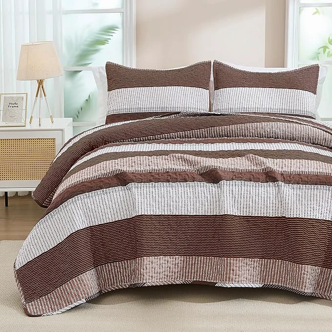 Top-Quality Andency Queen Quilt Bedding Set Brown 3 Pieces Patchwork Coffee Striped Ultra Luxury