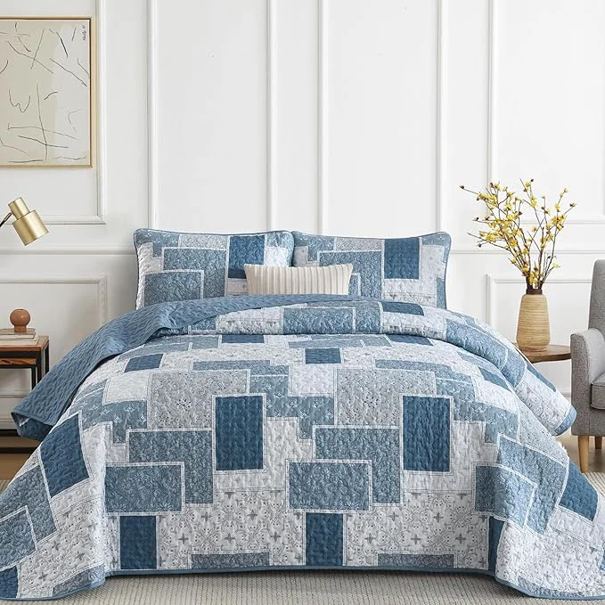 Unique Xruibed Blue Boho Quilt Set King Size 3 Pieces Plaid Floral Bedspread Coverlet Specialty
