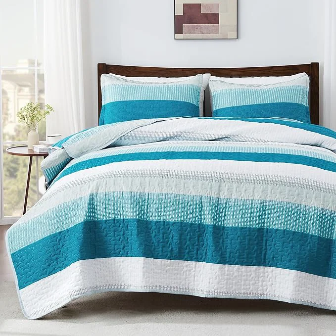 Elegant Andency Teal White Quilt Twin 2 Pieces Patchwork Bedspread Coverlet Set User-Friendly