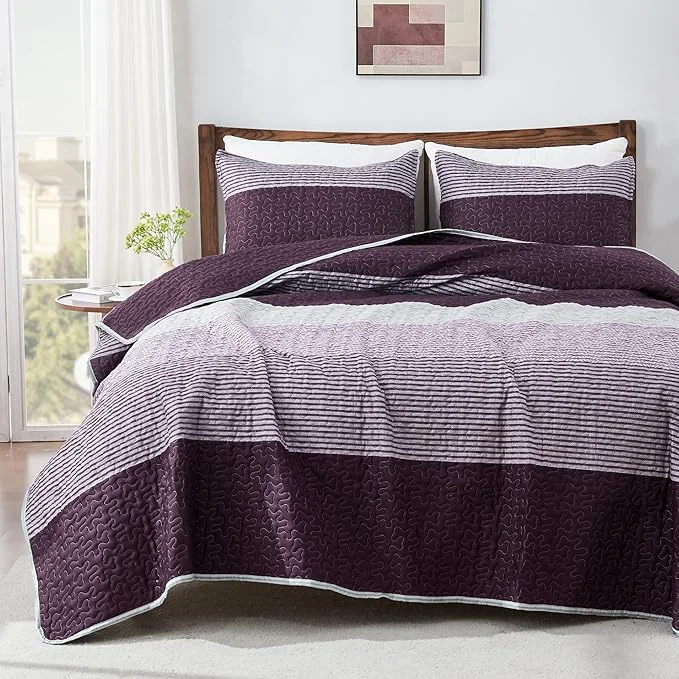High-End Andency Striped Quilt Set King 3 Pieces Purple and Grey Striped Bedspread Contemporary