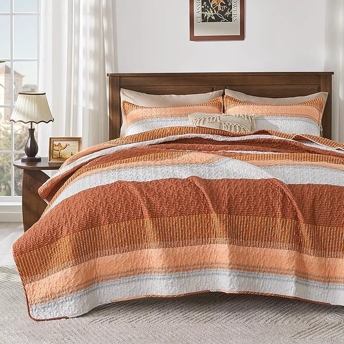 Professional Andency Orange Quilt King 3 Pieces Patchwork Striped Bedspread Coverlet Set Safe
