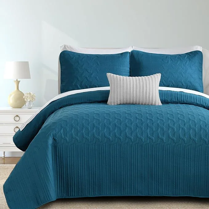Yiran Teal Blue Quilt Set Queen Size Lightweight Bedspread Ultrasonic Wave Specialty
