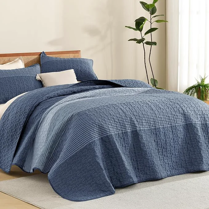 User-Friendly Litanika Oversized Queen Quilt Set Sapphire Blue 98×98 Stripe Bedspread Enhanced