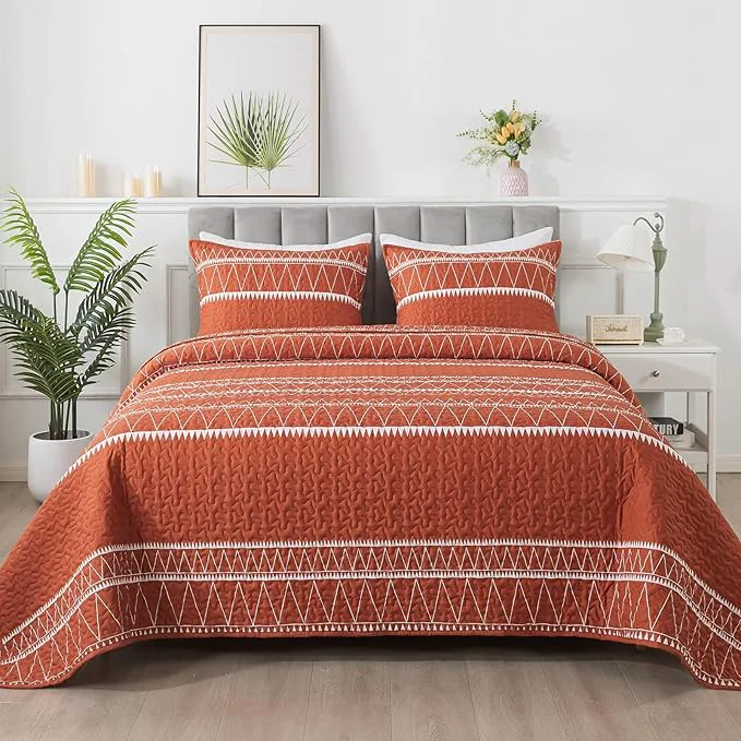 High-End Andency Terracotta Oversized Super King Quilt Set 3 Pieces Boho Lightweight Smart