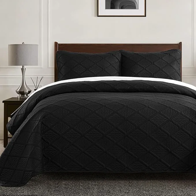 Breathable Yiran Quilt Queen Size Bedding Set Black Bedspreads Embossed Diamond Pattern Convenient