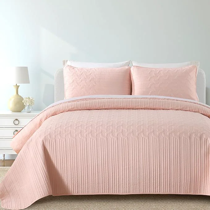 Effective Yiran Blush Pink Quilt Set Queen Size 3 Piece Reversible Bedspreads Bedding Set Responsible