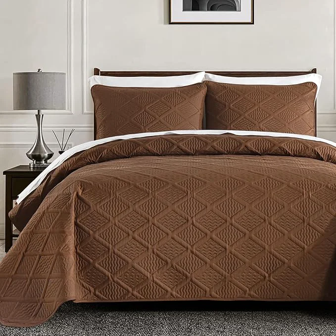 First-Class Yiran Brown Quilt Set Queen Size 3 Piece Reversible Bedspreads Bedding Set Enhanced