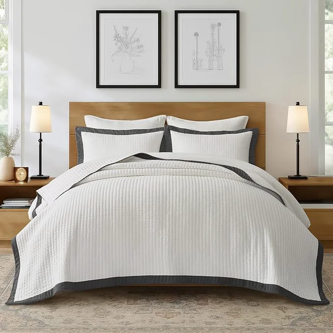 Clean EVERGRACE Cotton Border Frame Tack-Stitch Quilt Bedding Set King Size Coastal First-Class