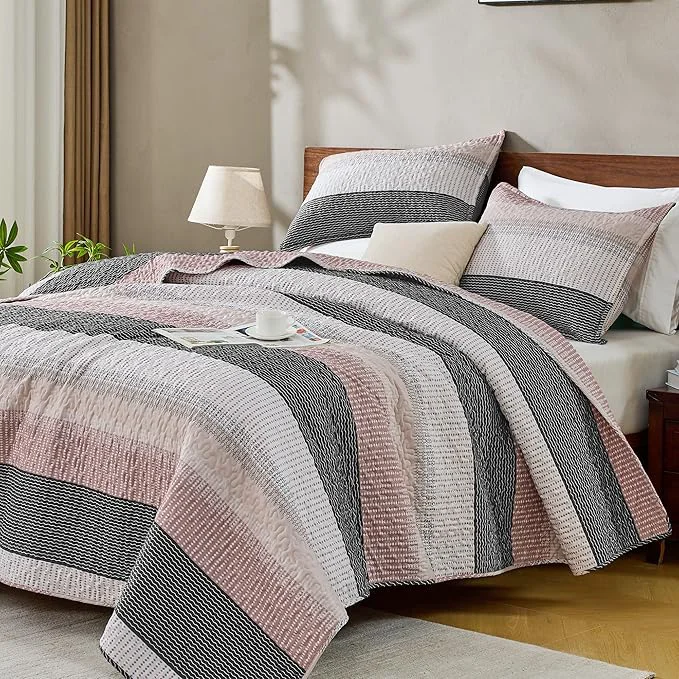 Green Andency California King Quilt Set Grey Pink 3 Pieces Ultra Soft Lightweight Fashionable