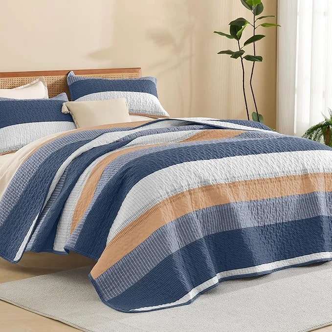 Original Litanika Quilt King Size BlueO Stripe Patchwork Summer Bedspread Coverlet 3 Fast