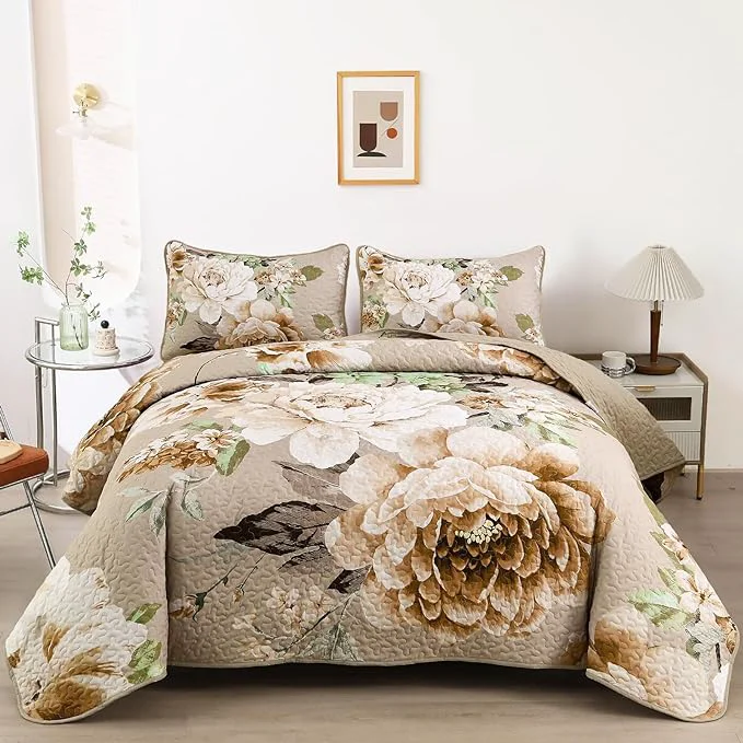 Healthy WONGS BEDDING Floral Quilt Set Khaki King 3 Pieces Botanical Quilted Printed Authentic