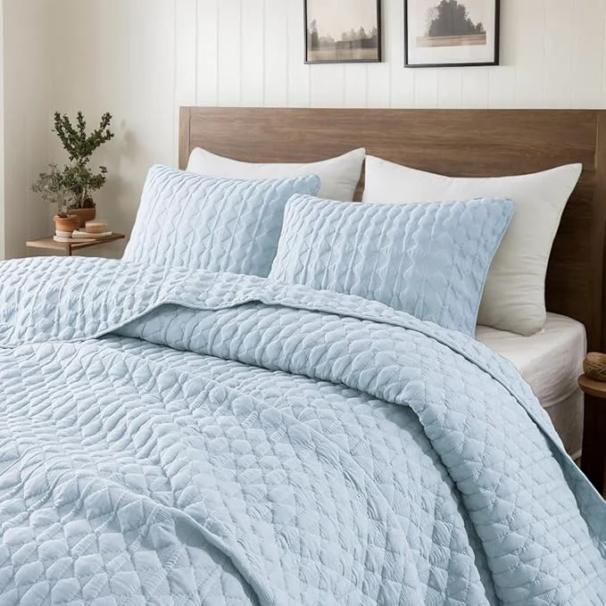 Breathable WDCOZY Light Blue Quilts Queen Size Bedding Set Functional