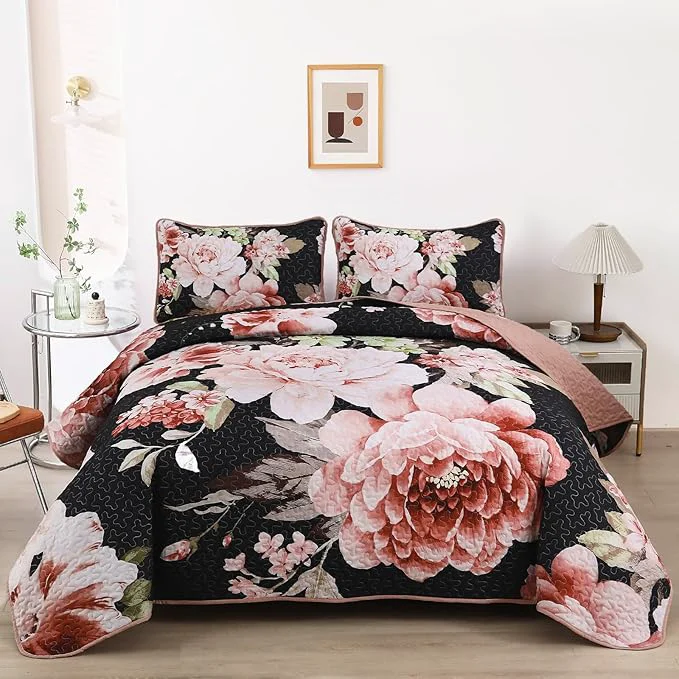 Premium WONGS BEDDING Black Quilt Set King Elegant Botanical Printed Bedspreads 3 Fast