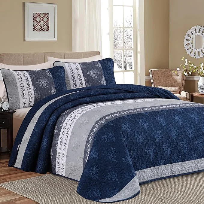 Comfortable DJY Stripe Quilt Set King Size Navy Blue Bedspread Coverlet Set 3 Pieces Boho Authentic