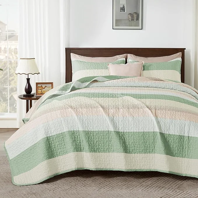 Clean Andency Queen Quilt Bedding Set Mint Pink 3 Pieces Patchwork Summer Striped Crafted