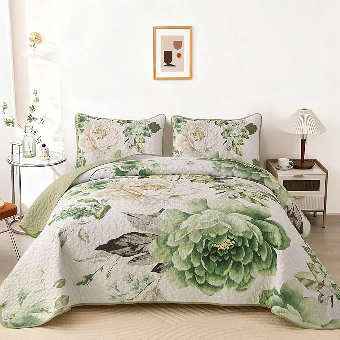 Luxury WONGS BEDDING Floral Quilt Set Green Queen Quilted Printed Lightweight Advanced