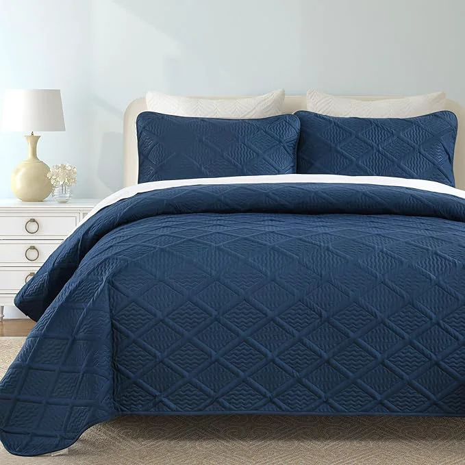 Original Yiran Navy Blue Quilt Set King Size Fall Bedspreads Embossed Diamond Pattern 3 Quality