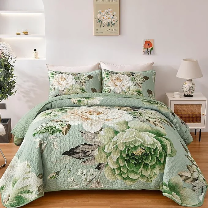 High-Grade WONGS BEDDING Sage Green Floral Quilt Set King 3 Pieces Elegant Flower Practical