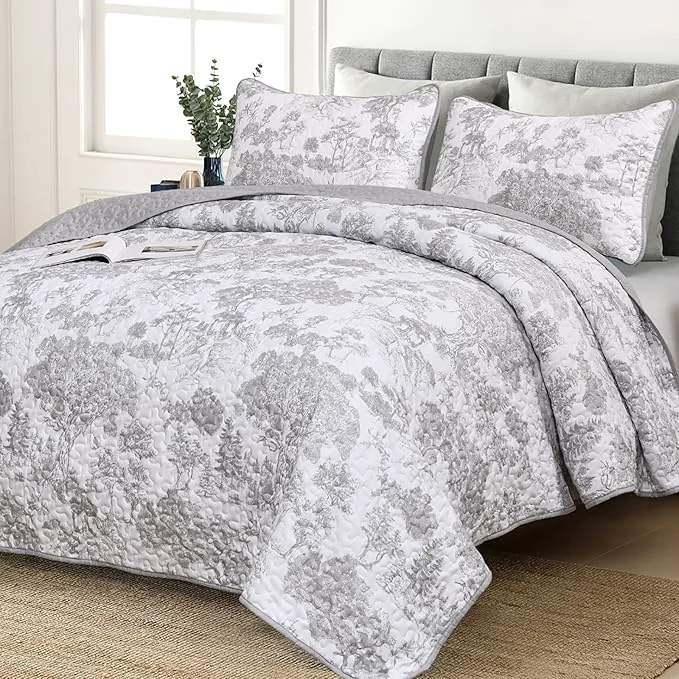Selected WONGS BEDDING Grey Quilt Set Queen Size 3 Pieces Botanical Bedspreads Set Top-Quality