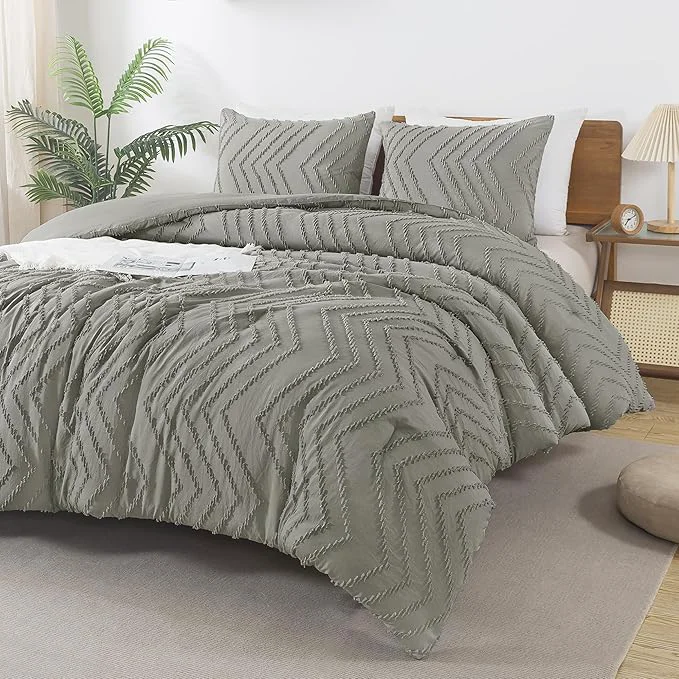 Classic Andency Medium Grey Comforter Set King Size Boho Soft Warm Tufted Bedding Fast