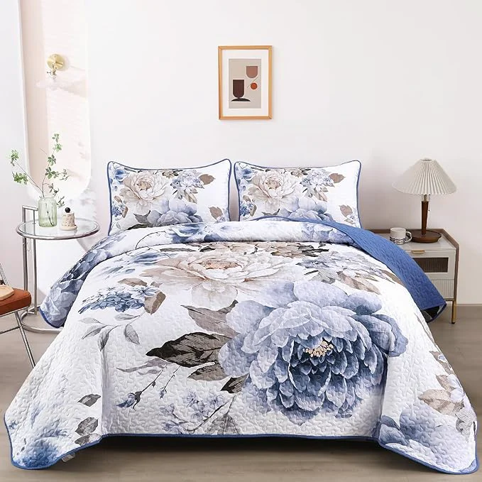 Functional WONGS BEDDING Floral Quilt Set 3 Pieces Blue Quilted Printed Bedspreads Bedding Artisan